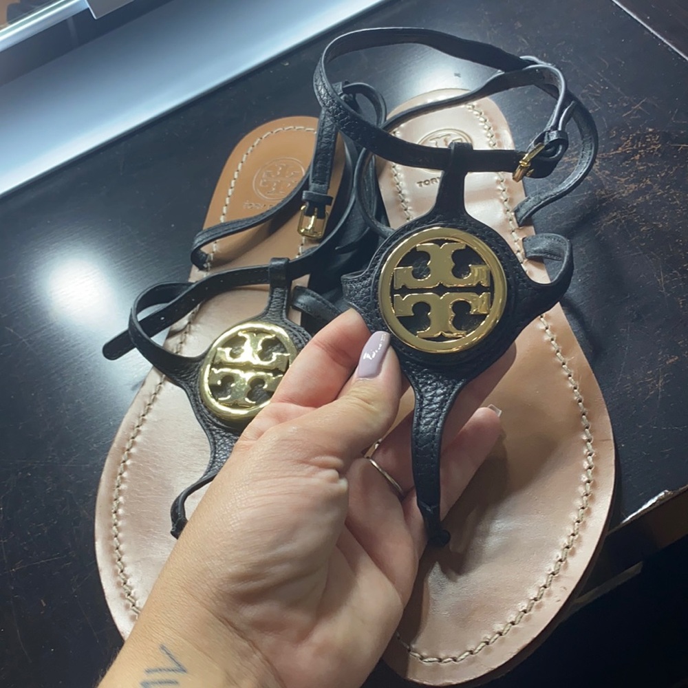 Tory Burch black strappy sandals with gold logo